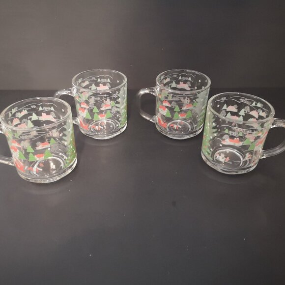 Vintage Kig Indonesia Set of 4 Clear Glass Christmas Scene Mugs w/ Handles - Picture 1 of 6